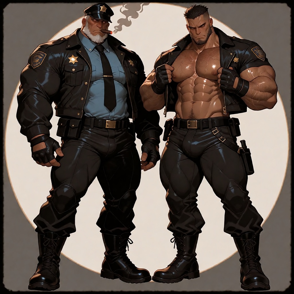 Digital painting of two overwhelmingly dominant fantasy enforcers—towering,  hyper-muscular humanoid figures radiating raw...