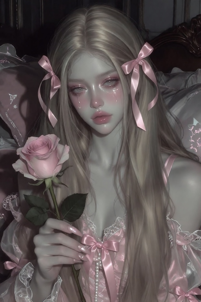 Ash blonde hair,  pink ribbons on her hair,  semi close up on Tensor.Art
