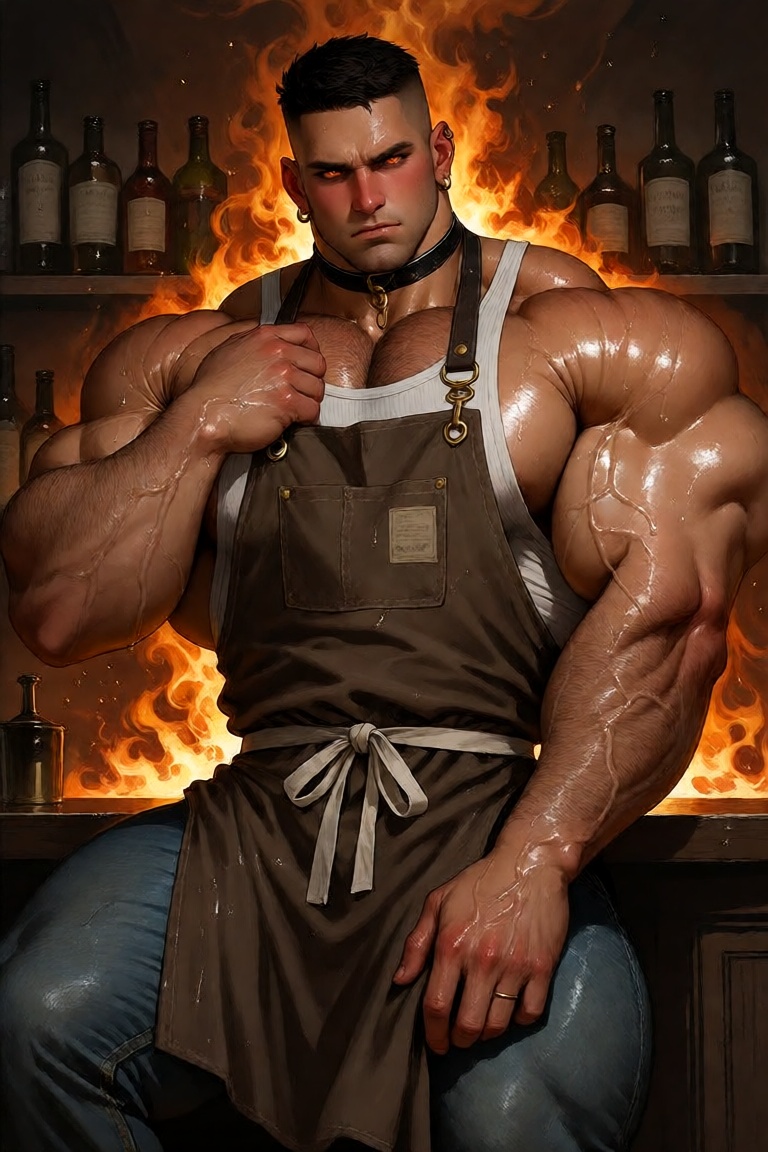 Digital painting of an overwhelmingly powerful and dominant mythic barkeep-archon—a hyper-muscular,  god-tier humanoid ent...