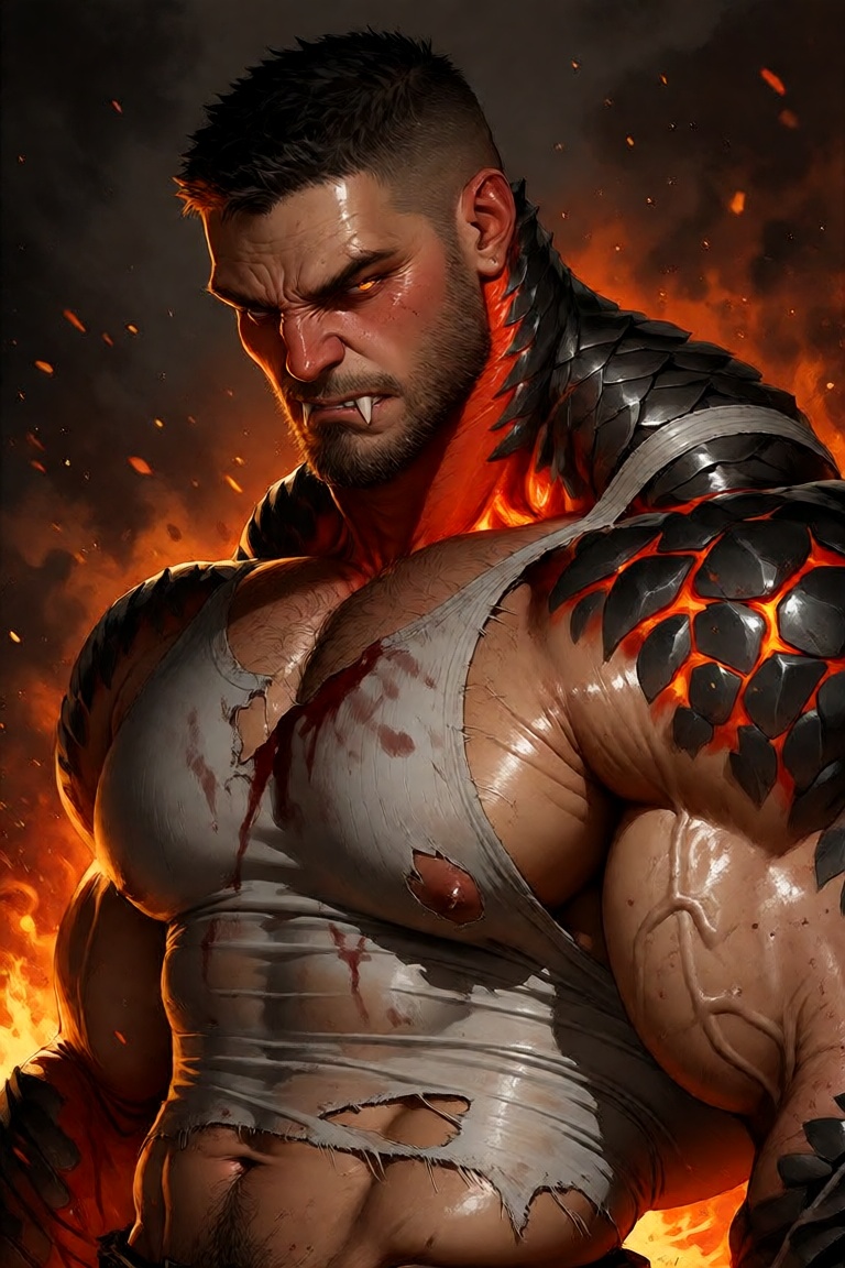 Digital painting of a hyper-detailed,  mythically transformed human warrior—his face carved with deep,  battle-worn furrow...