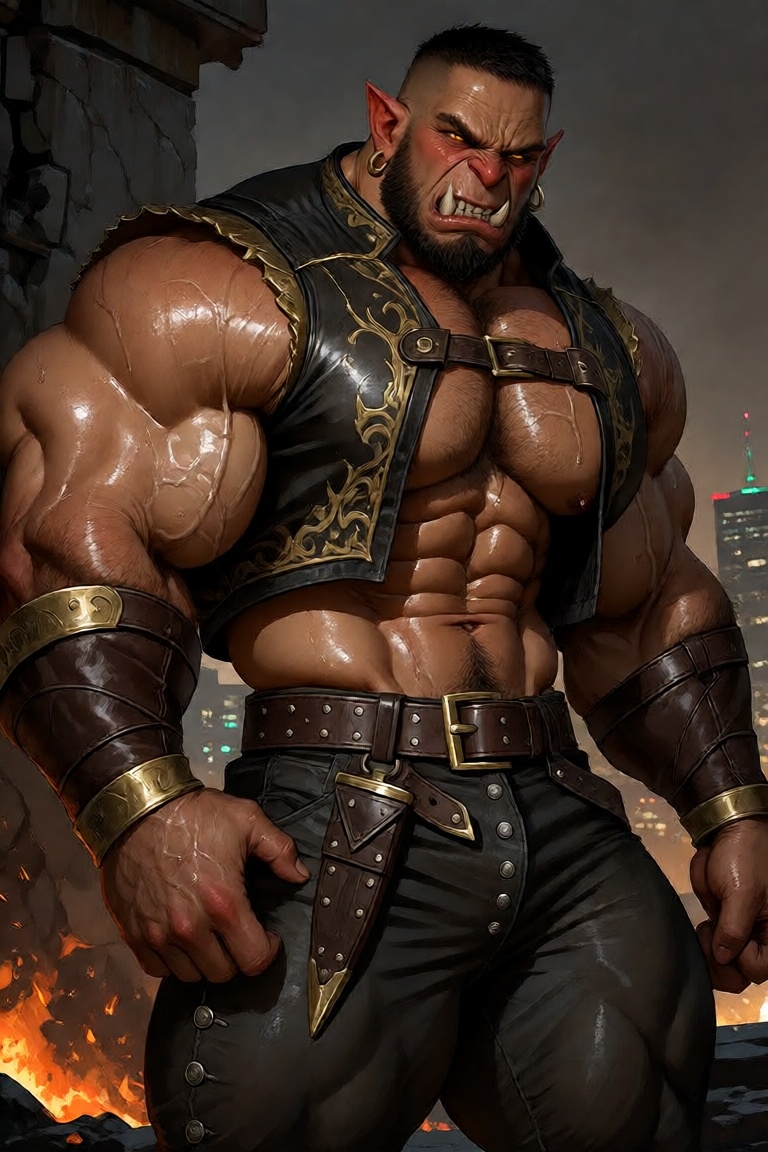 Digital painting of a towering,  hyper-muscular orc warlord with deeply furrowed brows,  a snarling grimace revealing elon...
