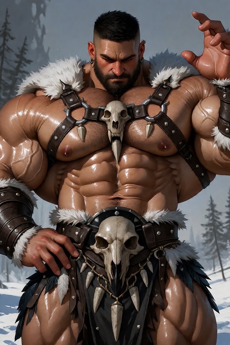 Digital painting of an overwhelmingly dominant,  hyper-muscular barbarian warlord with chiseled,  godlike physique and int...