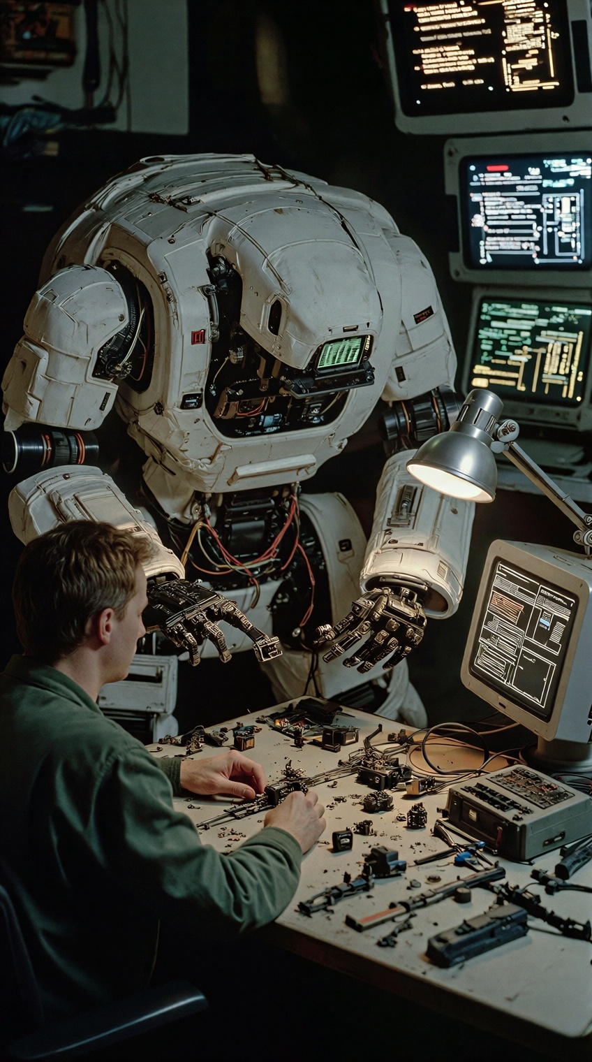 @sci_mood,  Man at cluttered desk,  Large white robot on Tensor.Art