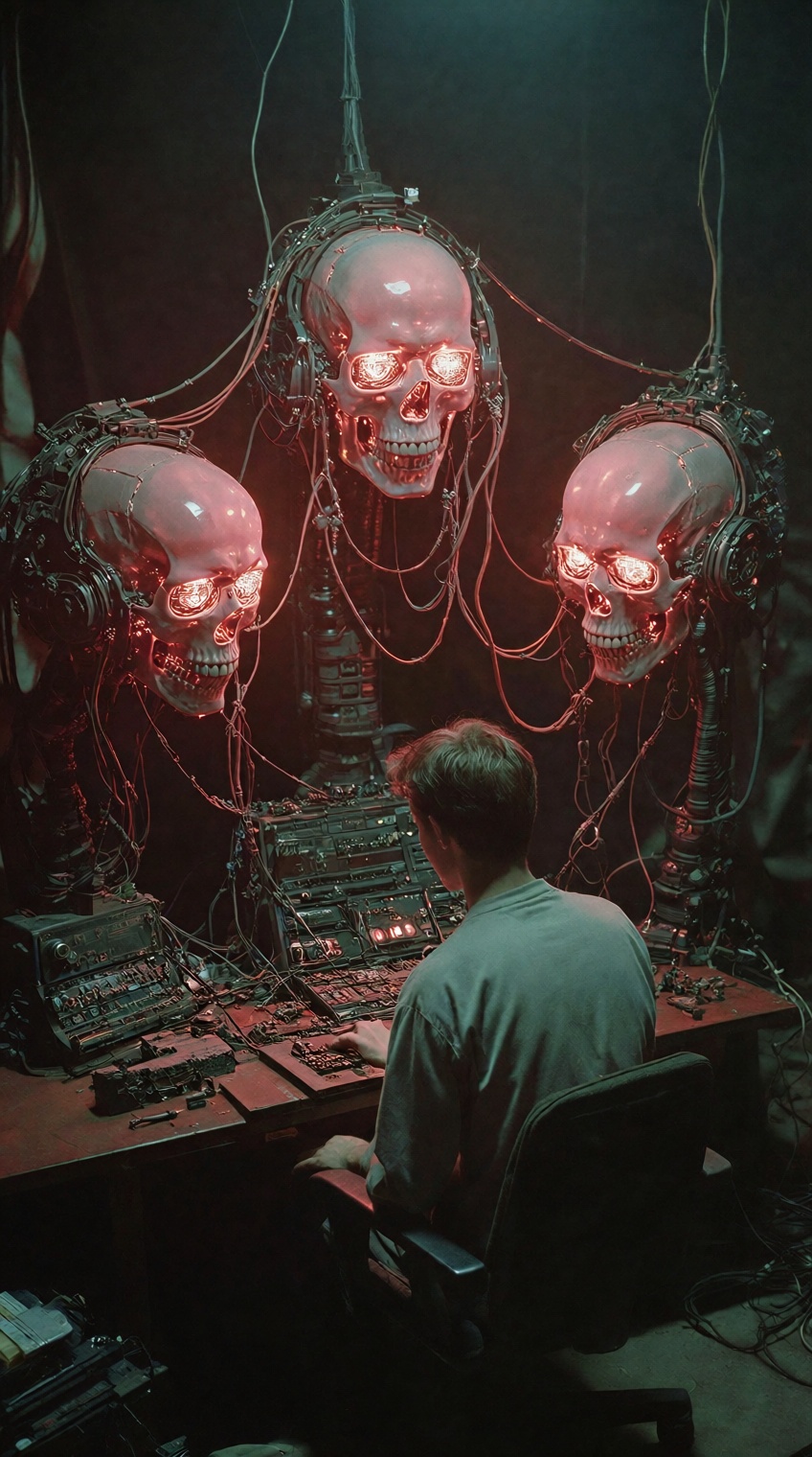 @sci_mood,  Man at cluttered desk,  Dim red-lit room on Tensor.Art