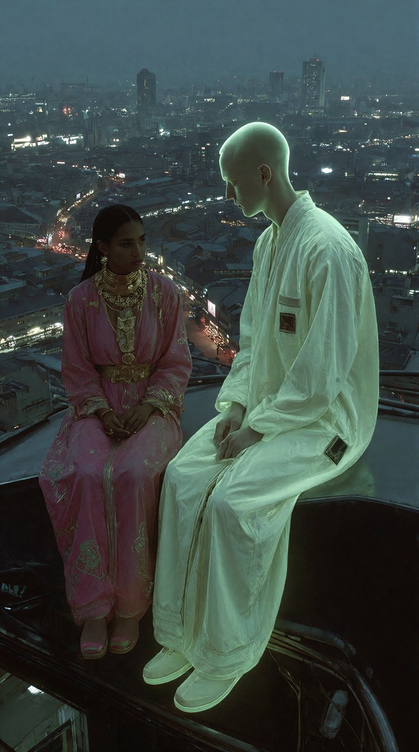 @sci_mood,  Two figures on rooftop,  Night setting on Tensor.Art