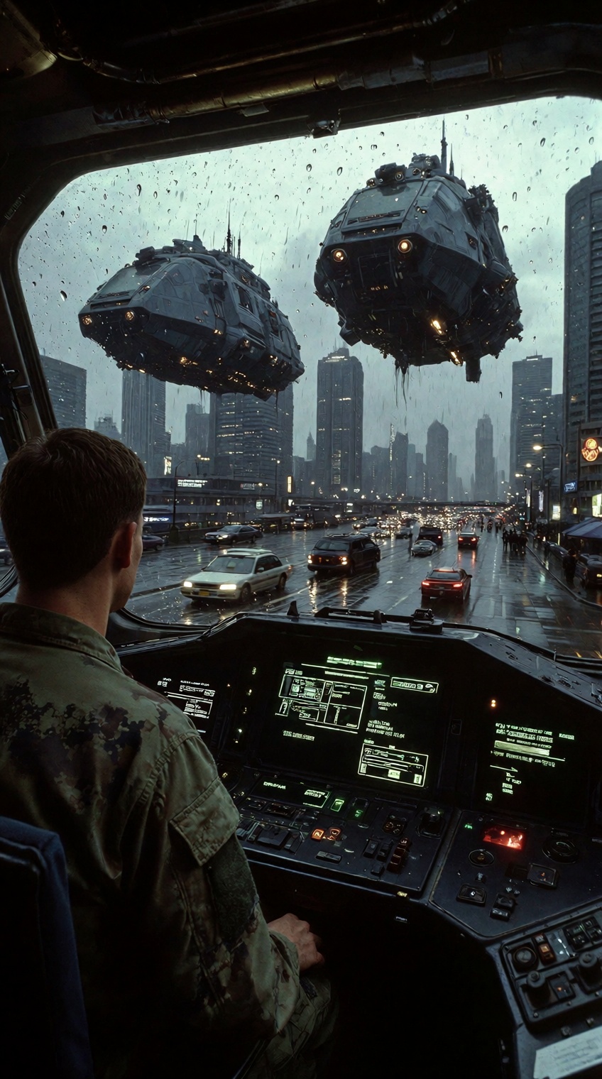 @sci_mood,  man in uniform,  rainy cityscape on Tensor.Art