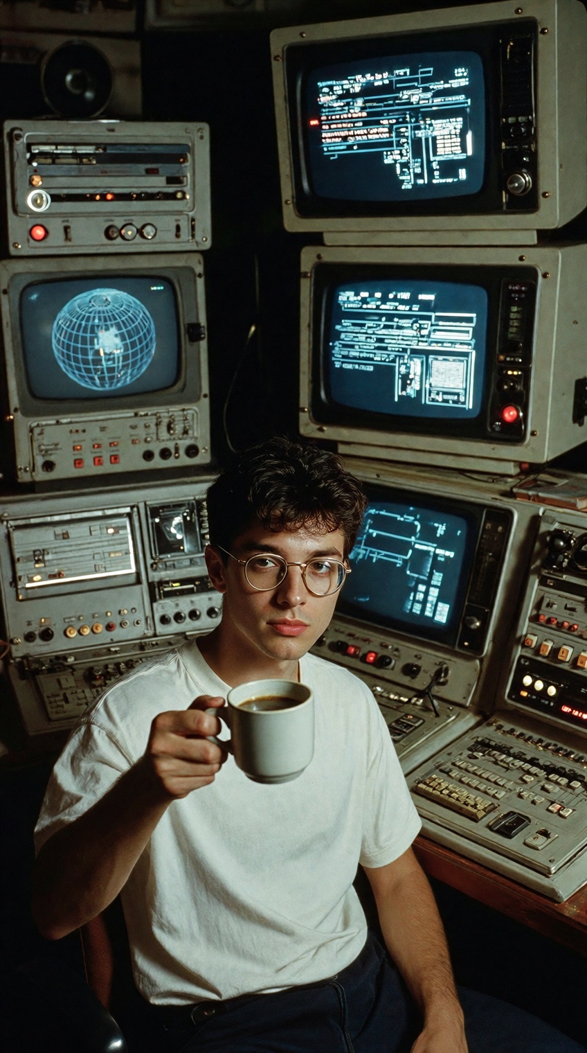 @sci_mood,  A retro-tech photograph captures a young man with dark curly hair and round wire-rimmed glasses raising a whit...