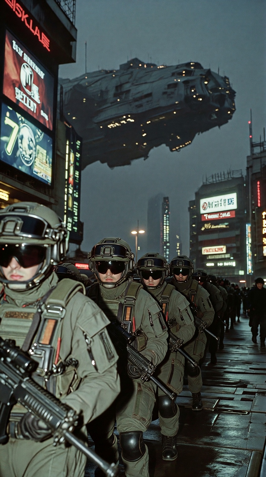 @sci_mood,  Soldiers in gear,  neon city on Tensor.Art