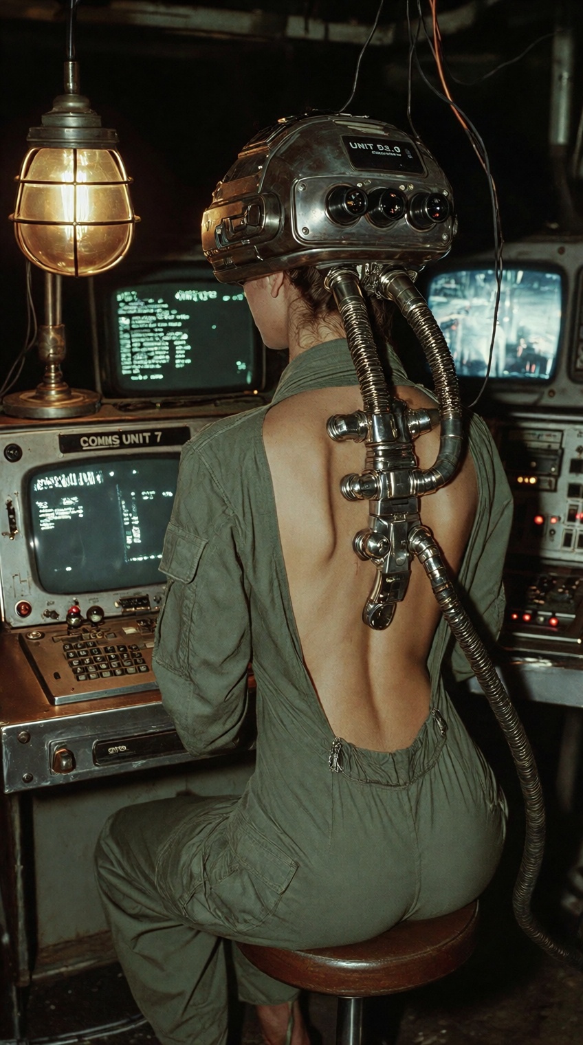@sci_mood,  A gritty,  retro-futuristic depicts a woman viewed from behind on Tensor.Art