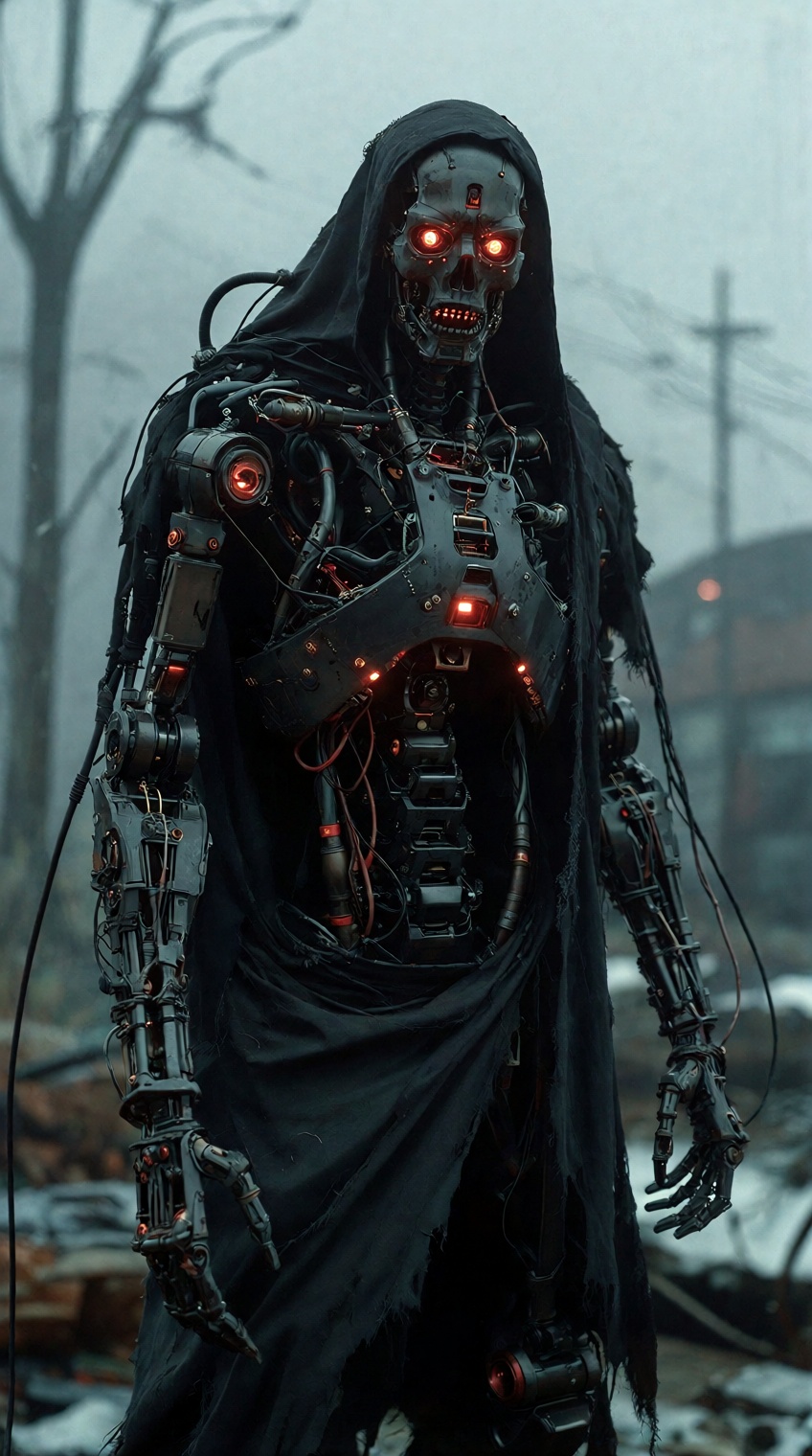 @sci_mood,  dark mechanical figure,  foggy desolate landscape on Tensor.Art