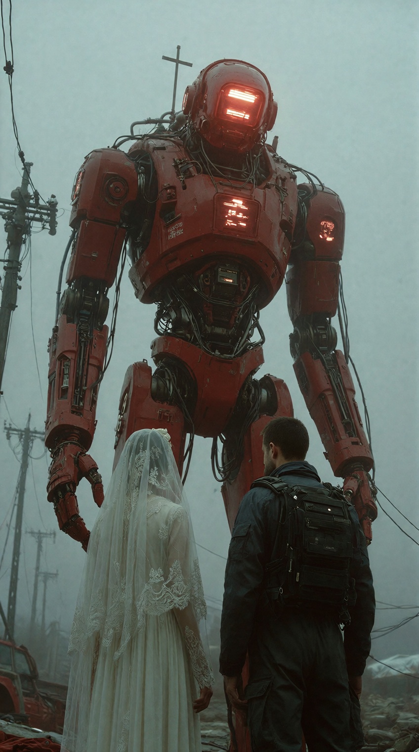 @sci_mood,  Towering red robot,  bride in white on Tensor.Art