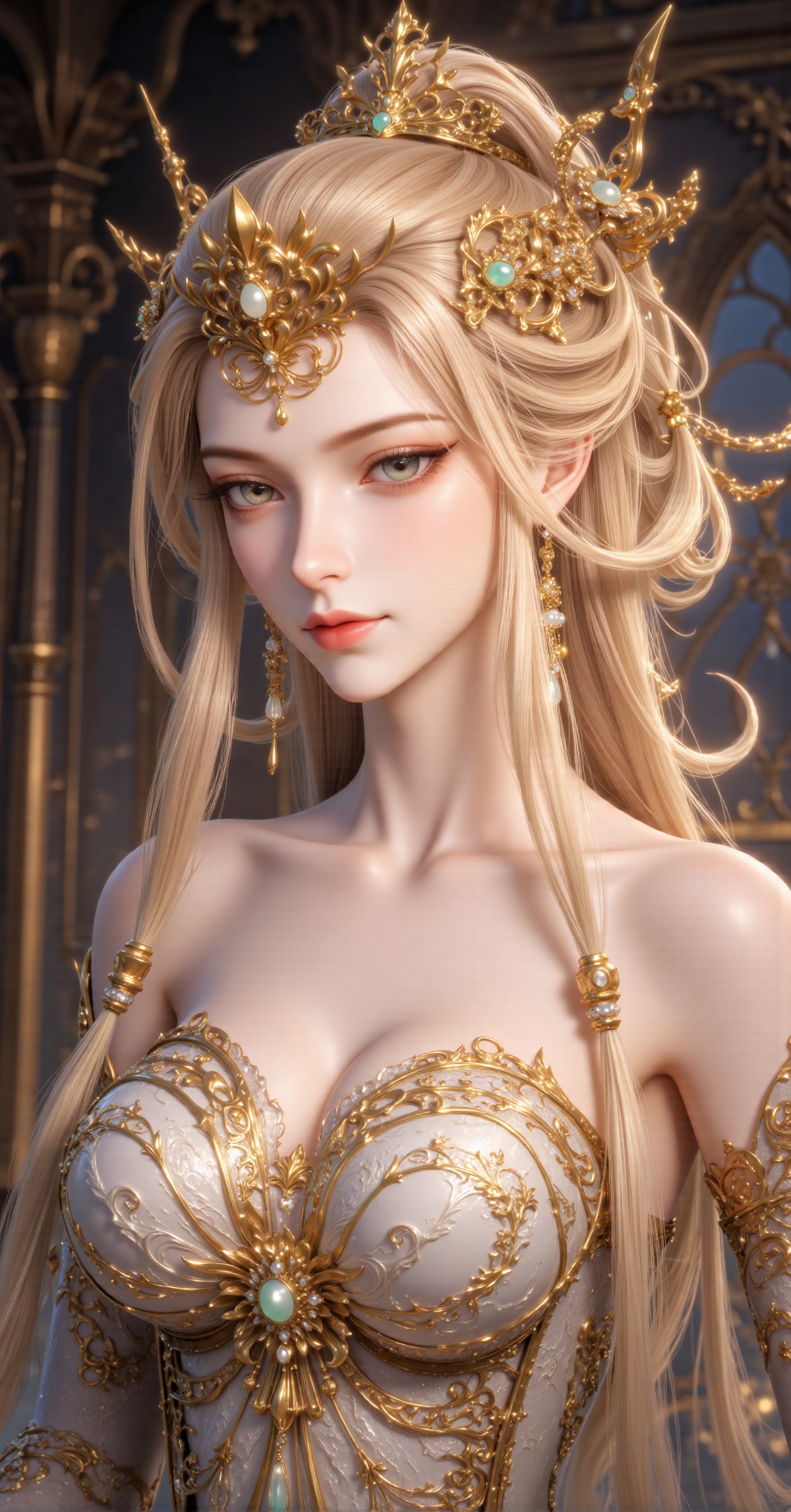 A highly detailed CGI rendering of a fair-skinned,  blonde woman with delicate features,  adorned with a golden crown and...