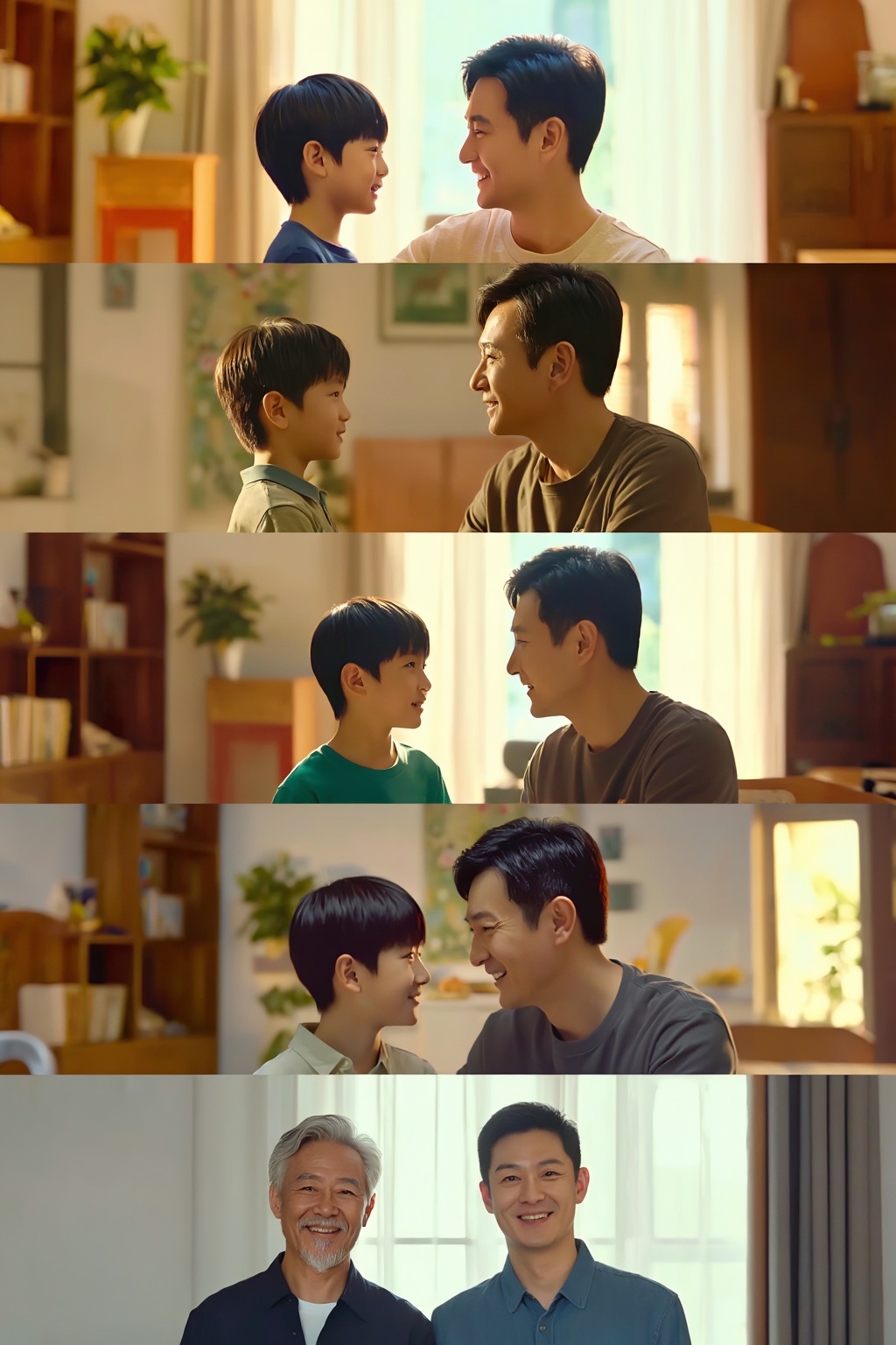 Create a cinematic visual story showing TWO FIXED CHARACTERS moving forward through the SAME timeline: one father and his...