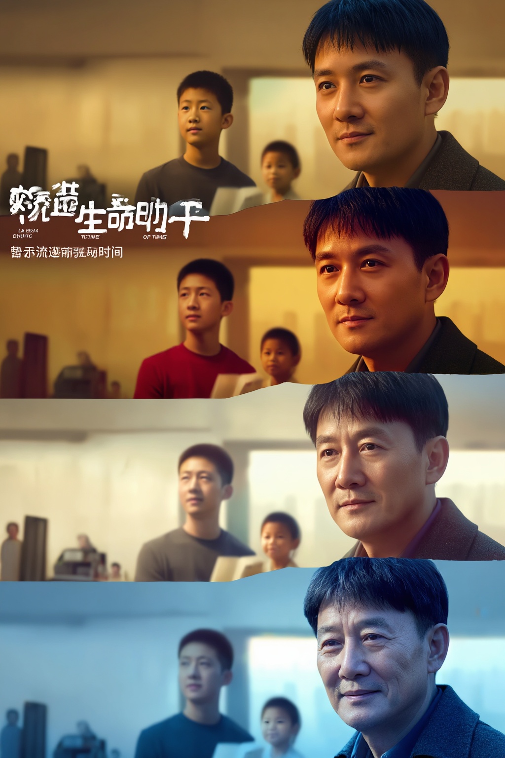 Create a cinematic portrait representing the passage of time. Show the same person progressing through four different stag...