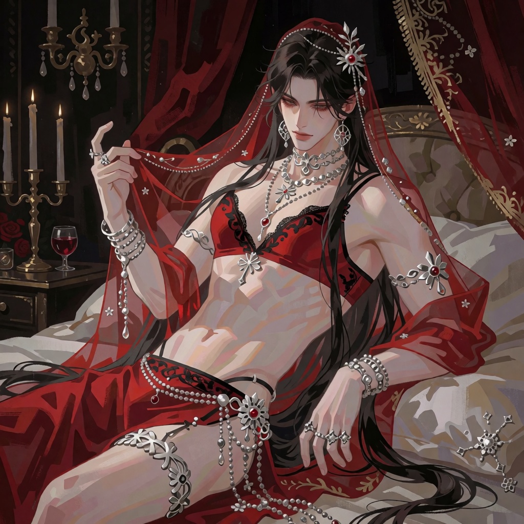 Create a vivid digital illustration of a long-haired man crossdressing in red lingerie within a luxurious,  dimly lit bedr...