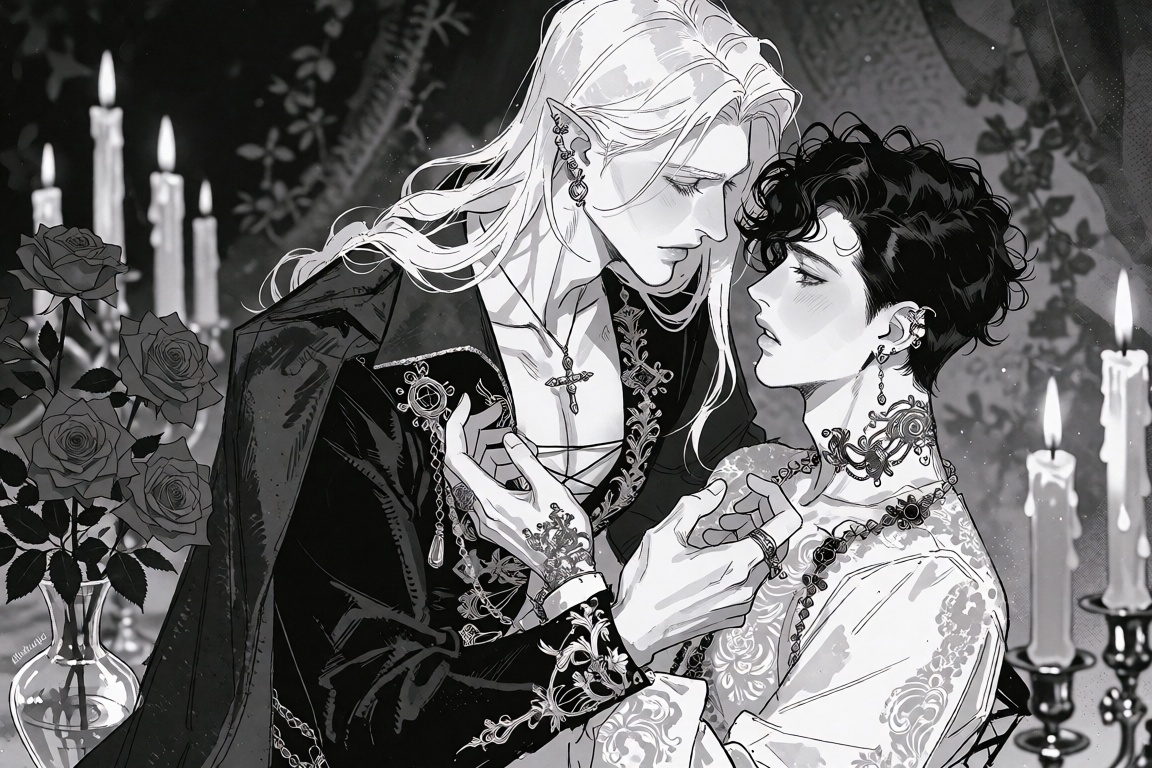 Create a black and white digital illustration in sketchy manga art style of: The image depicts a scene with two male chara...