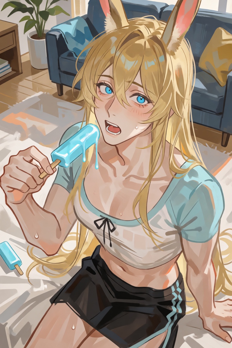 A close-up of a casual man with long,  blonde hair and a slight blush,  blue eyes on Tensor.Art