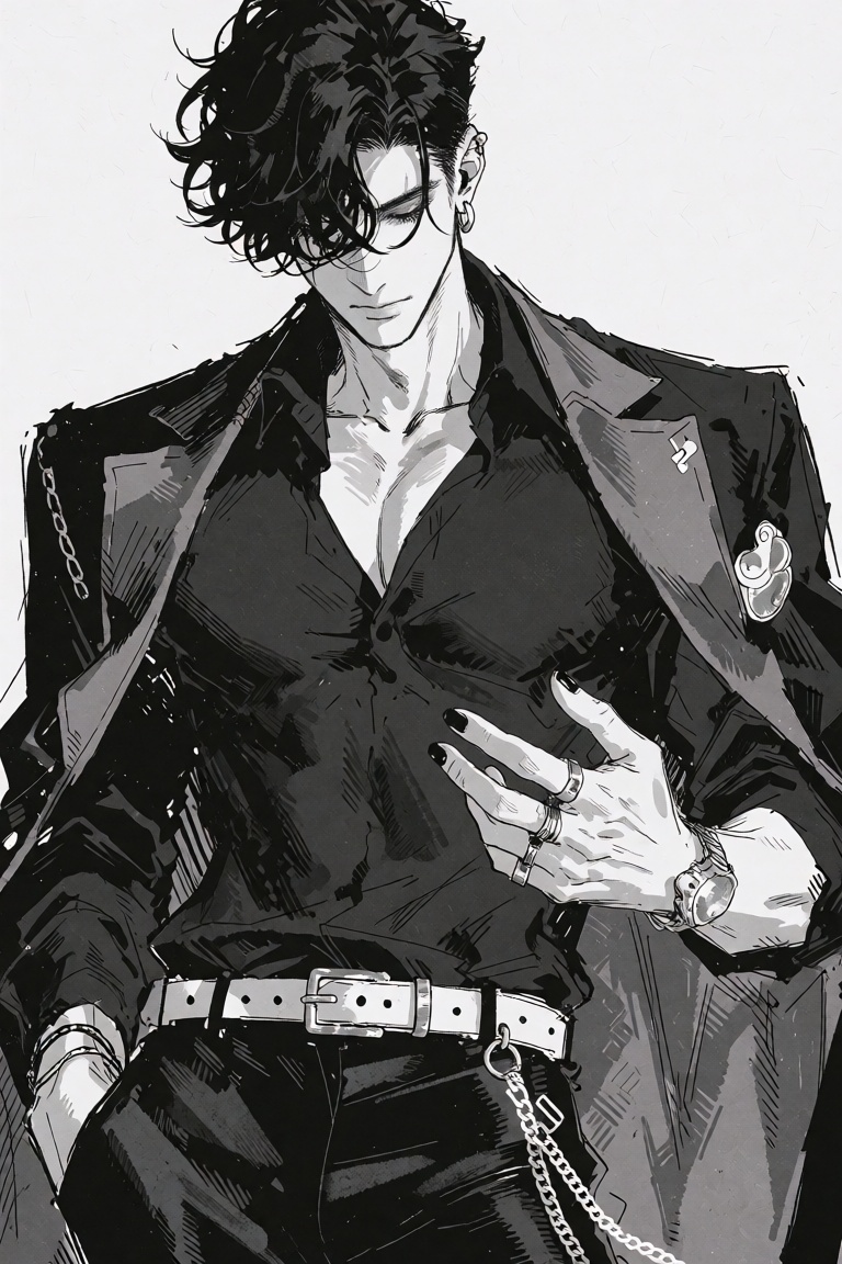 Create a black and white digital illustration in sketchy manga art style of an elegant man with fluffy dark colored hair,...