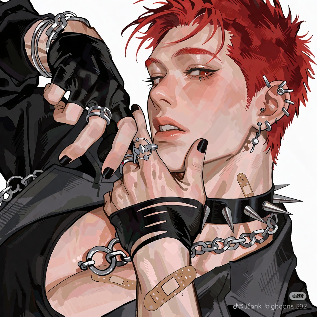 Create a solo image where a bishounen man with red hair and short hair is looking directly at the viewer. He wears black g...