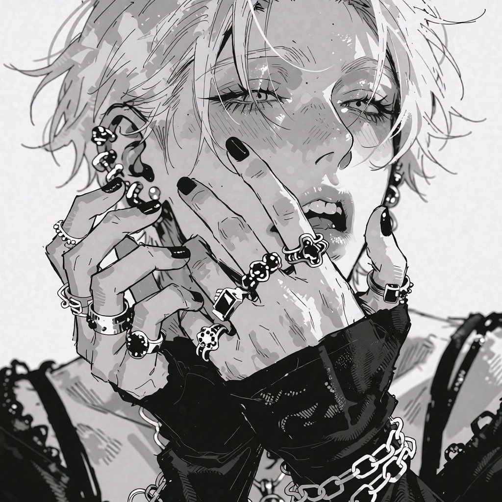 Create a black and white digital illustration in sketchy manga art style of: The image depicts a person with short blonde...