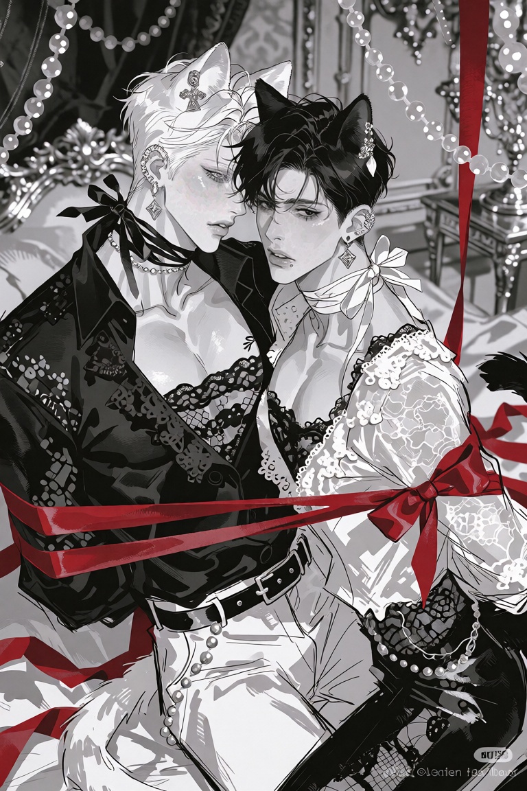 Create a black and white digital illustration in sketchy manga art style of two men with short styled hair,  one with ligh...