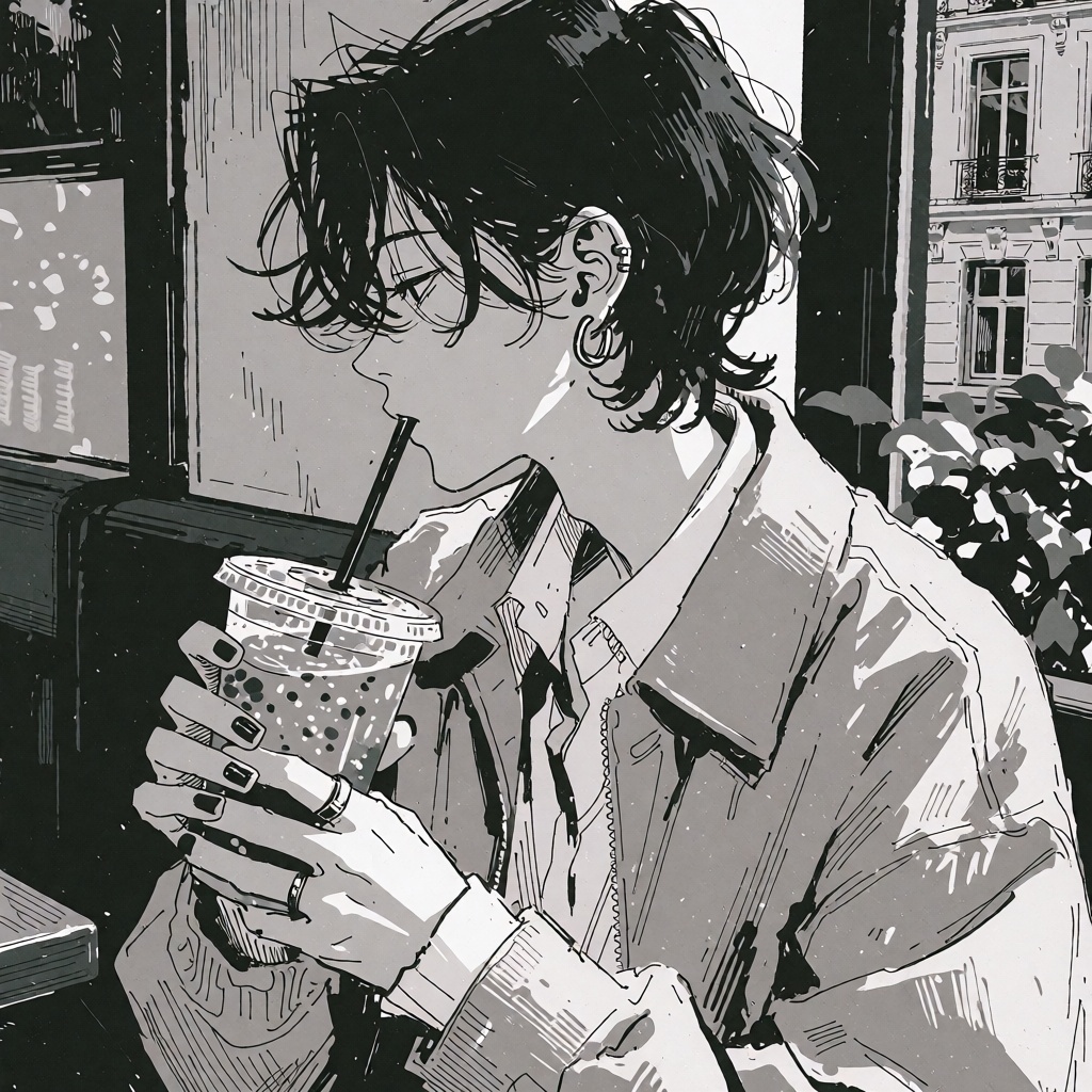 Create a black and white digital illustration in sketchy manga art style of: The image depicts a person with dark,  messy...