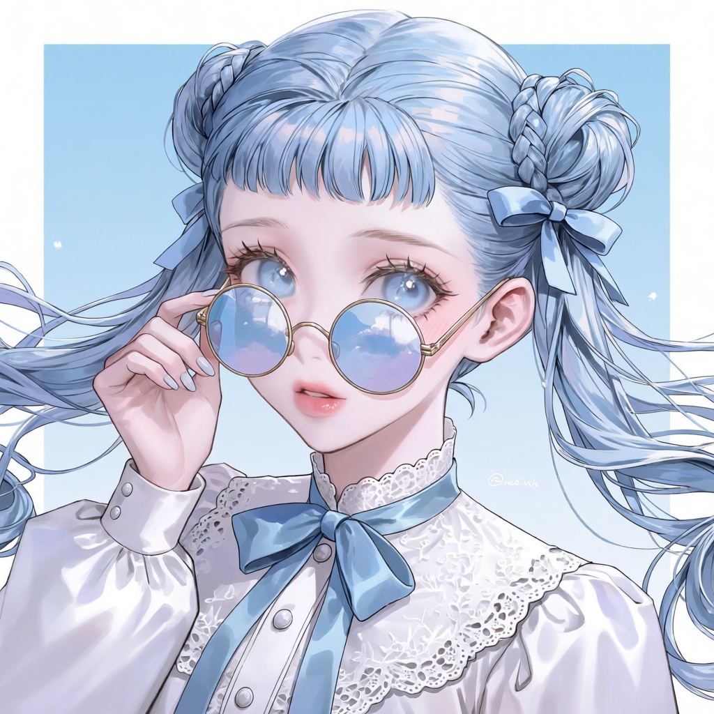 looking at viewer,  head tilt,  one hand on glasses on Tensor.Art
