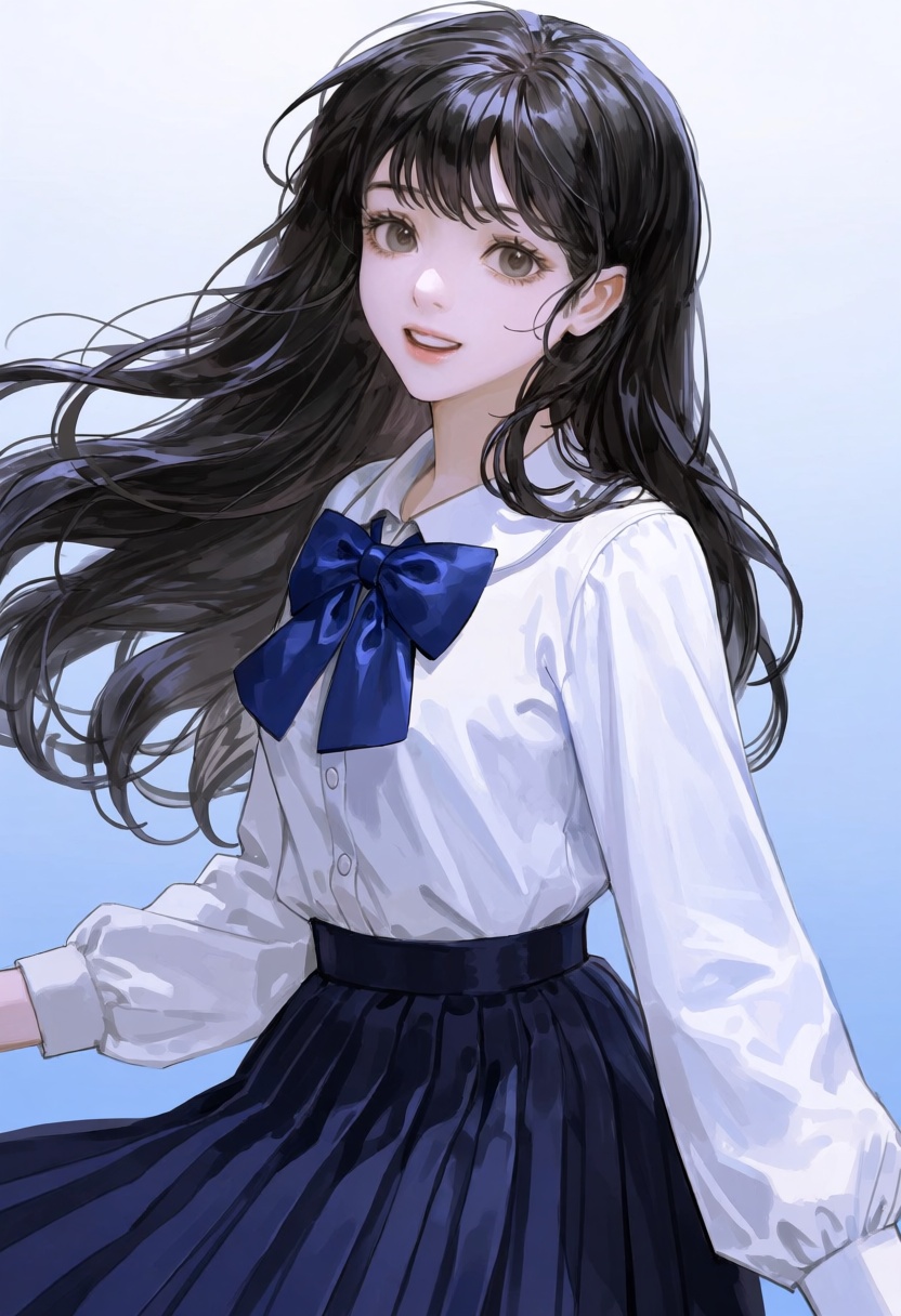The image depicts a young 1girl ,  with long,  flowing black hair. She is wearing a white blouse with a large blue bow at...