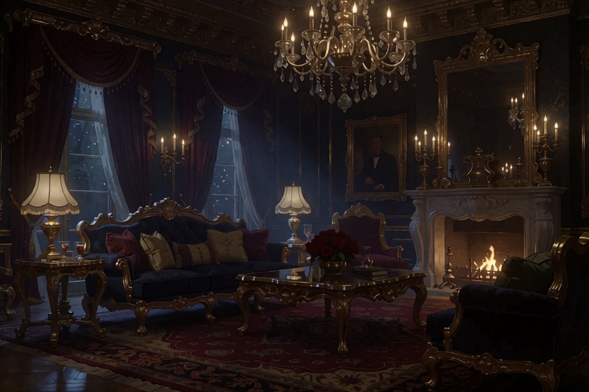 Create an indoor scene in a luxurious mansion with dark lighting,  emphasizing opulent decor and rich textures. Use deep s...