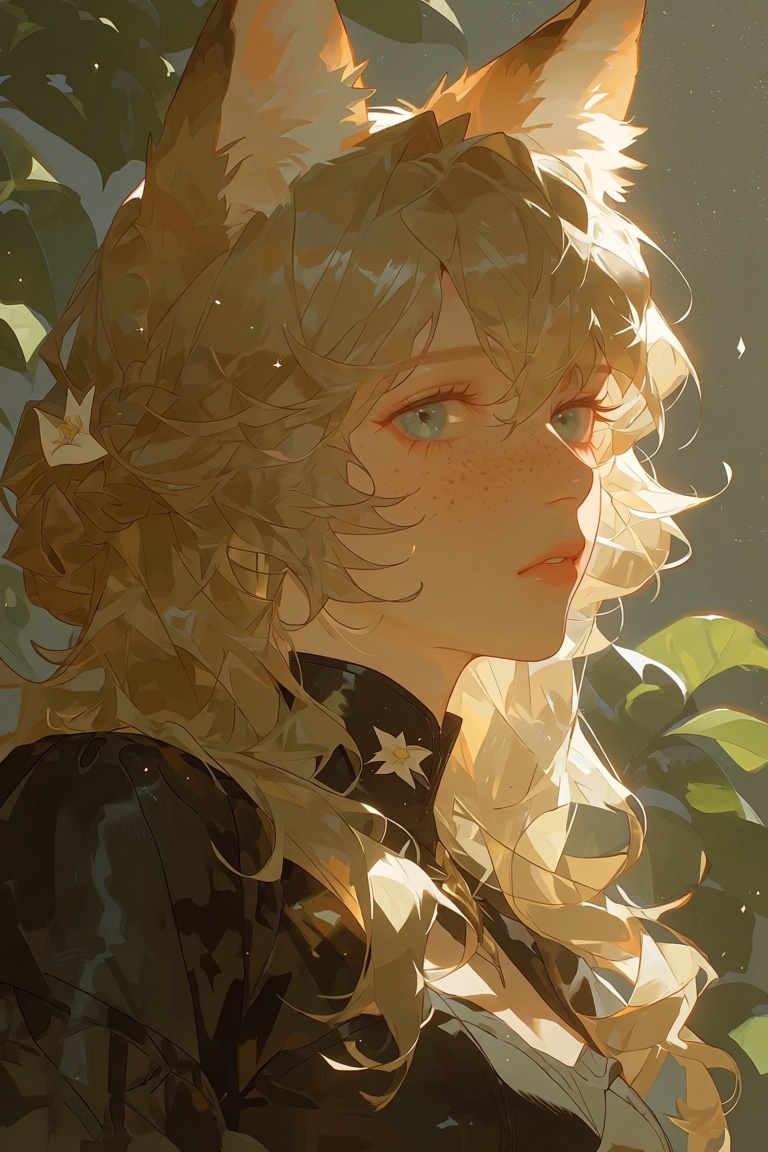 Create a captivating illustration of a woman with long,  flowing blonde hair and sparkling fox ears. She has a gentle blus...