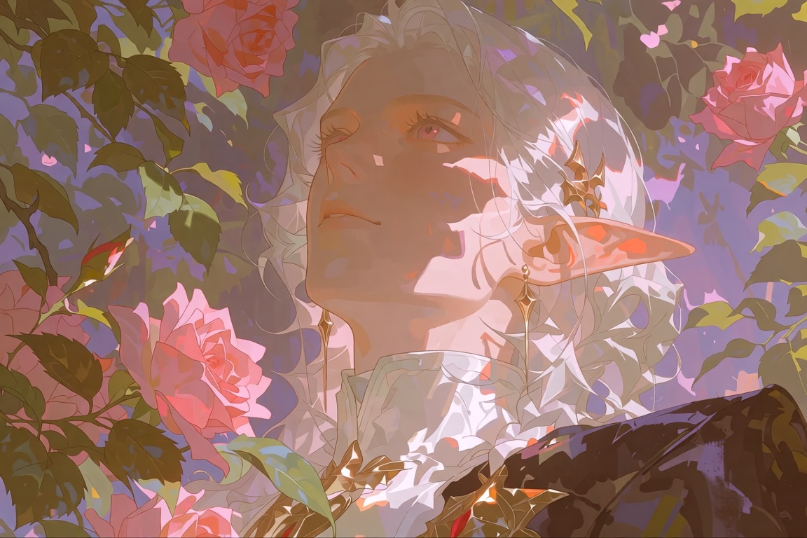 The image depicts a fantasy-style artwork featuring a character with long,  flowing white hair,  pointed elf-like ears and...