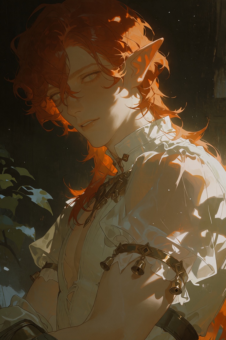 Create an upper body portrait of a man with exquisite facial features,  long orange-red hair,  pointed ears on Tensor.Art