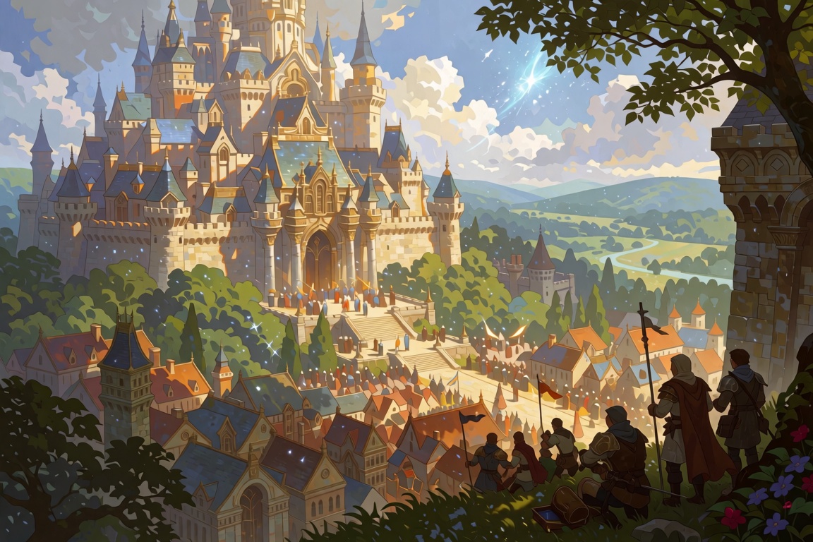 Create a detailed kingdom set in a medieval fantasy world,  featuring grand castles with towering spires,  lush forests on...