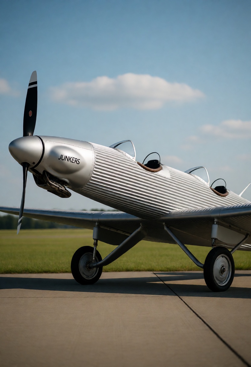 A high-angle,  eye-level shot captures a Junkers A50 light aircraft parked on a gray concrete airfield under a bright,  cl...