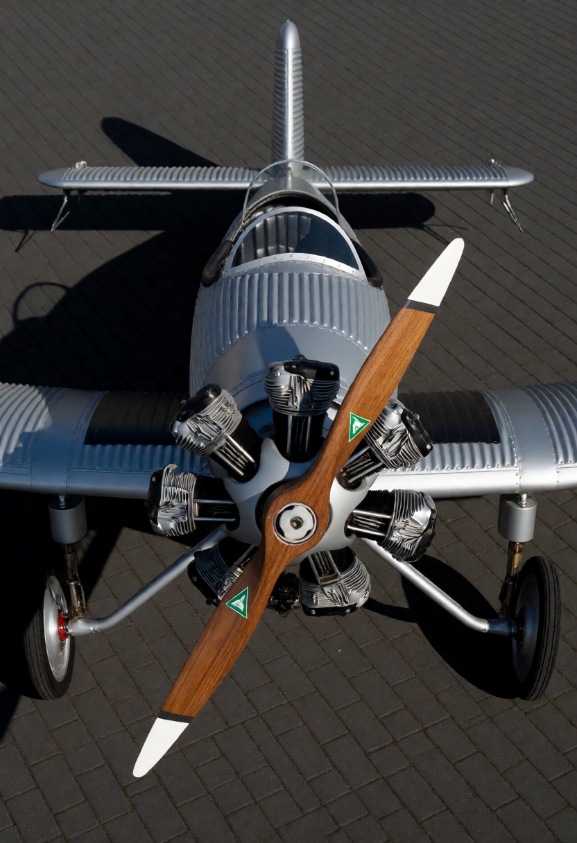 A high-angle,  front-facing shot captures a vintage Junkers A50 Junior aircraft parked on a dark gray brick-paved surface....