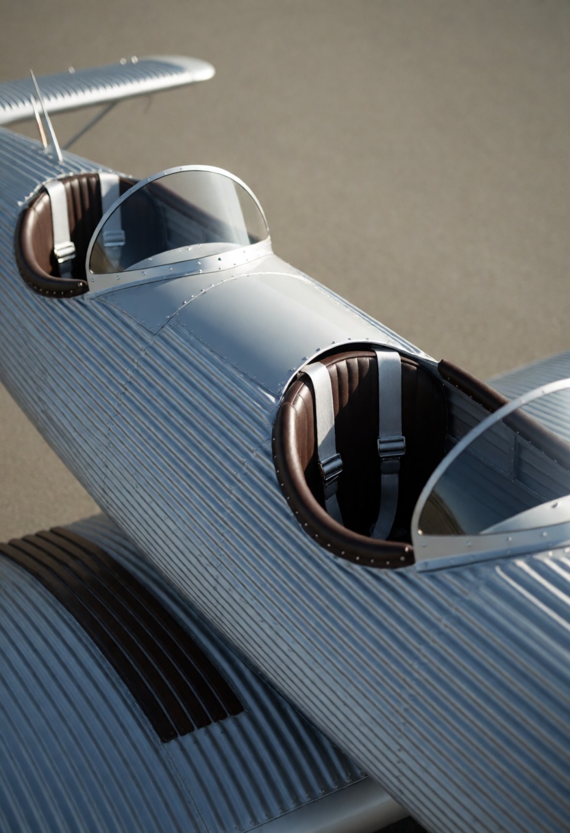 High-angle,  close-up shot of the fuselage of a vintage Junkers A50 Junior aircraft,  showcasing its characteristic corrug...