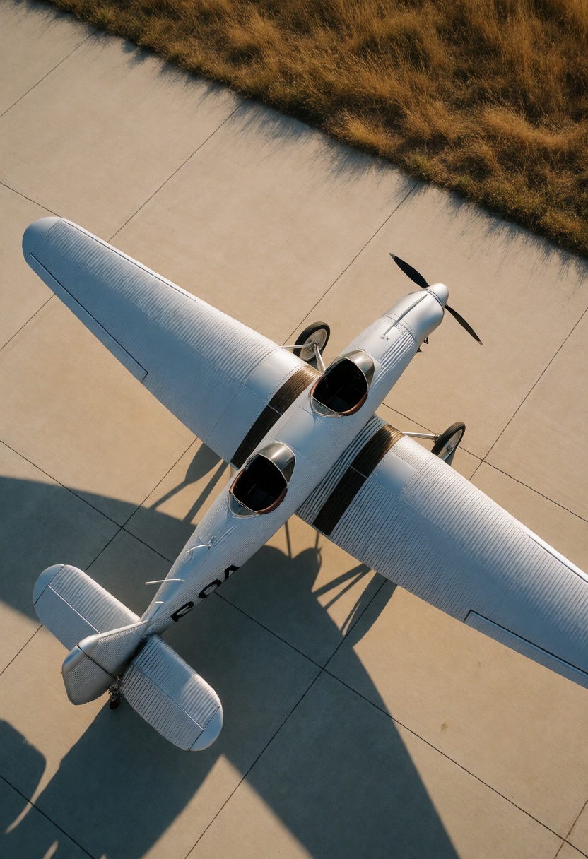 An overhead,  vertical-angle shot captures a silver Junkers A50 aircraft parked on a light gray concrete tarmac. The plane...