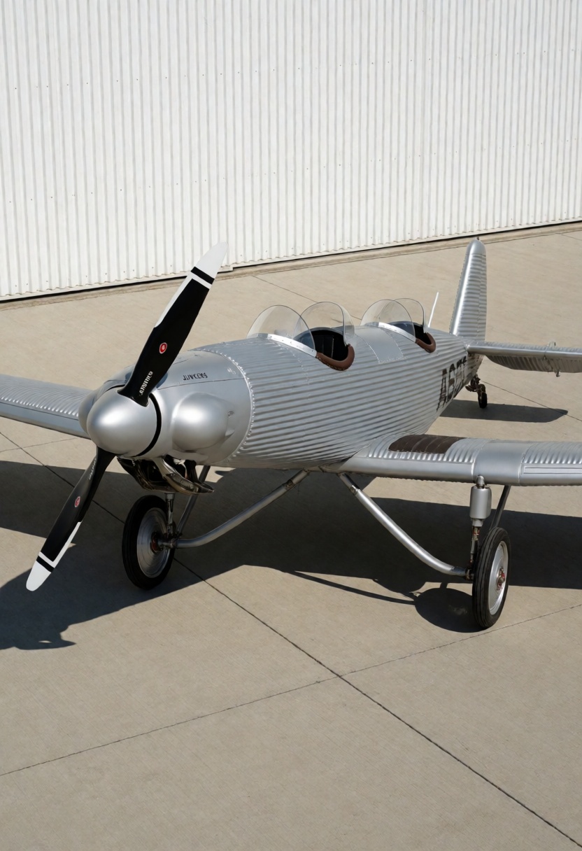 Junkers A50. A full-view,  high-angle shot captures a silver Junkers A50 aircraft stationed on a concrete tarmac against a...