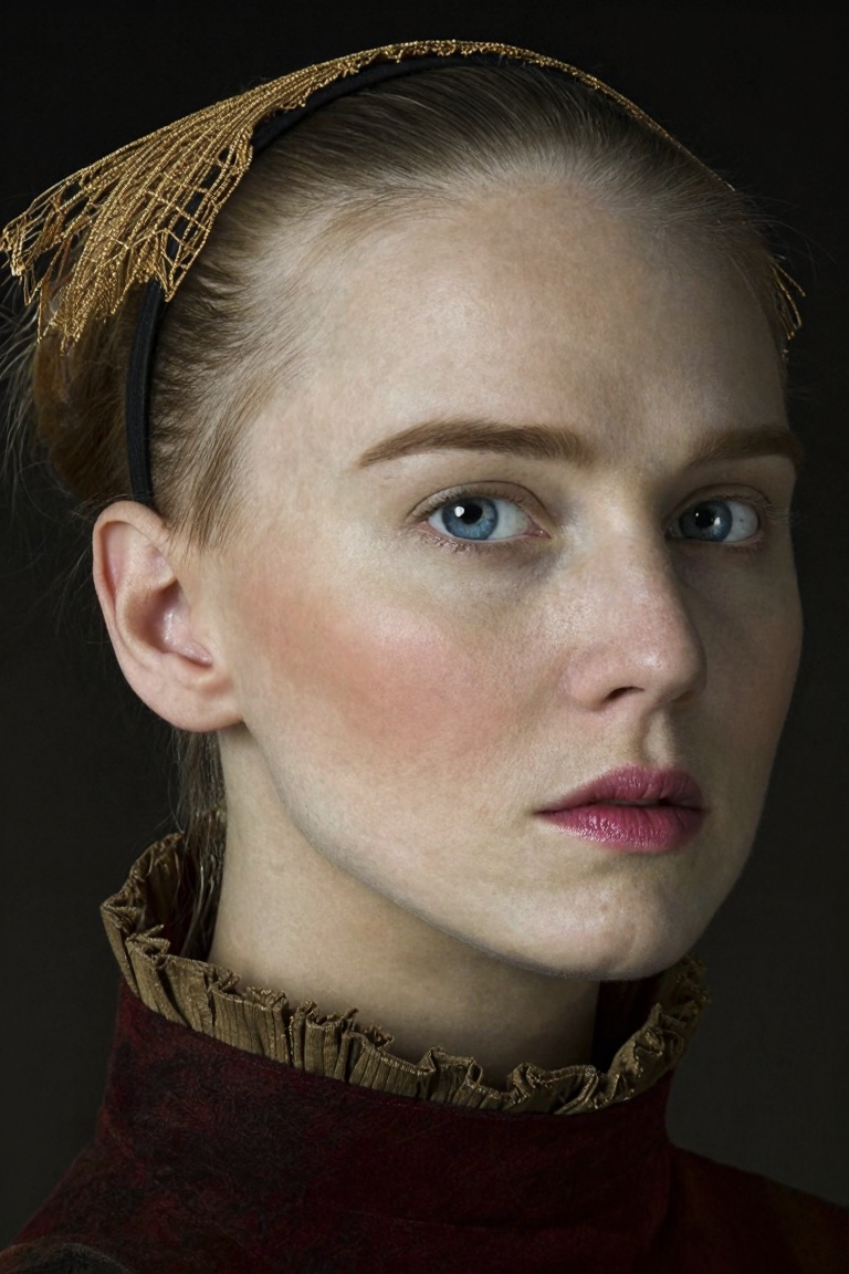 A high quality grounded tight,  medium-close professional very crisp portrait of a medieval attractive mid twenties woman,...