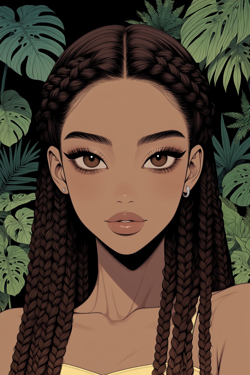 highres,  absurdres,  @3L1G05MK This digital illustration features a young woman with a warm brown complexion on Tensor.Art