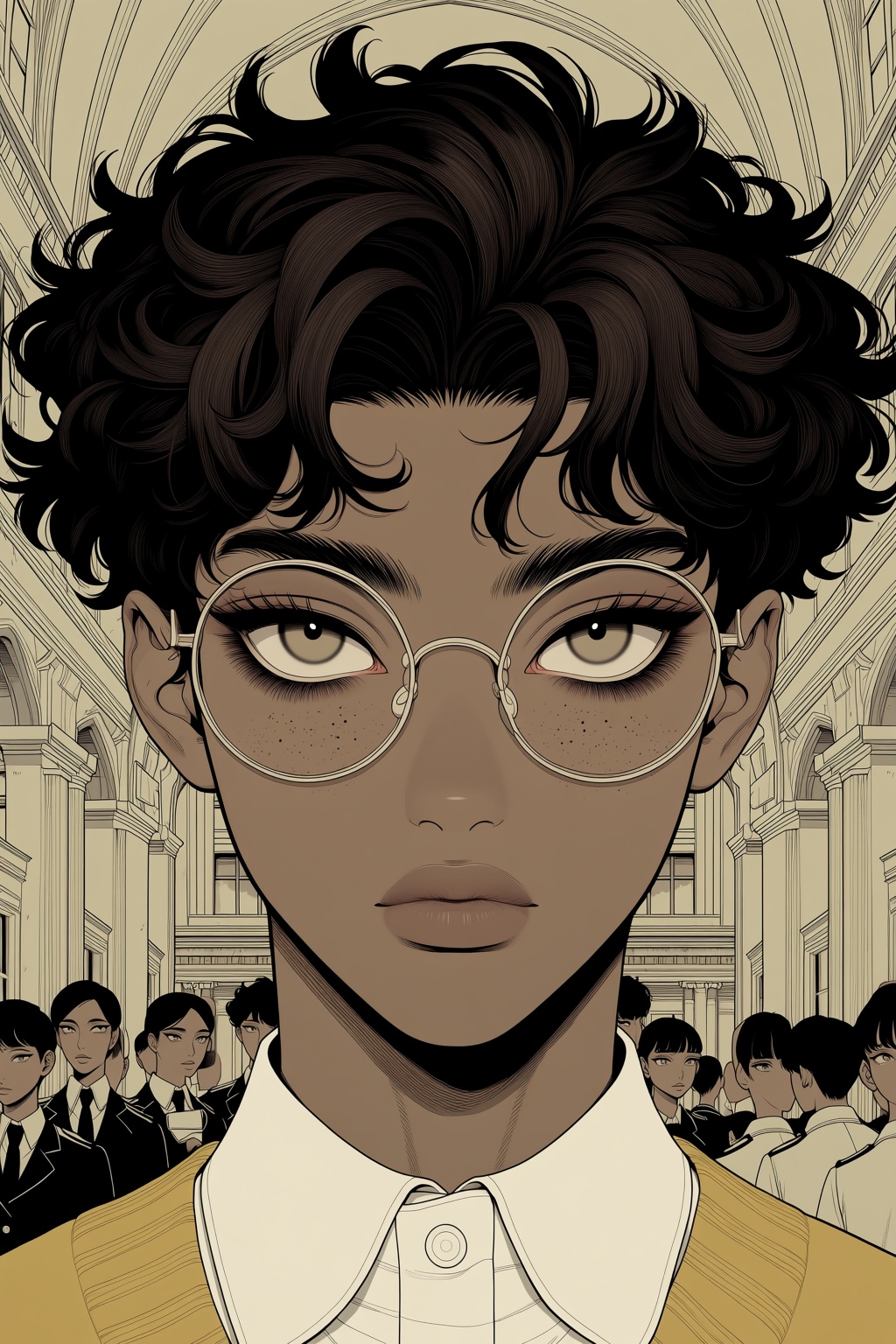 highres,  absurdres,  @3L1G05MK This striking digital illustration presents a close-up portrait of a young person with dar...