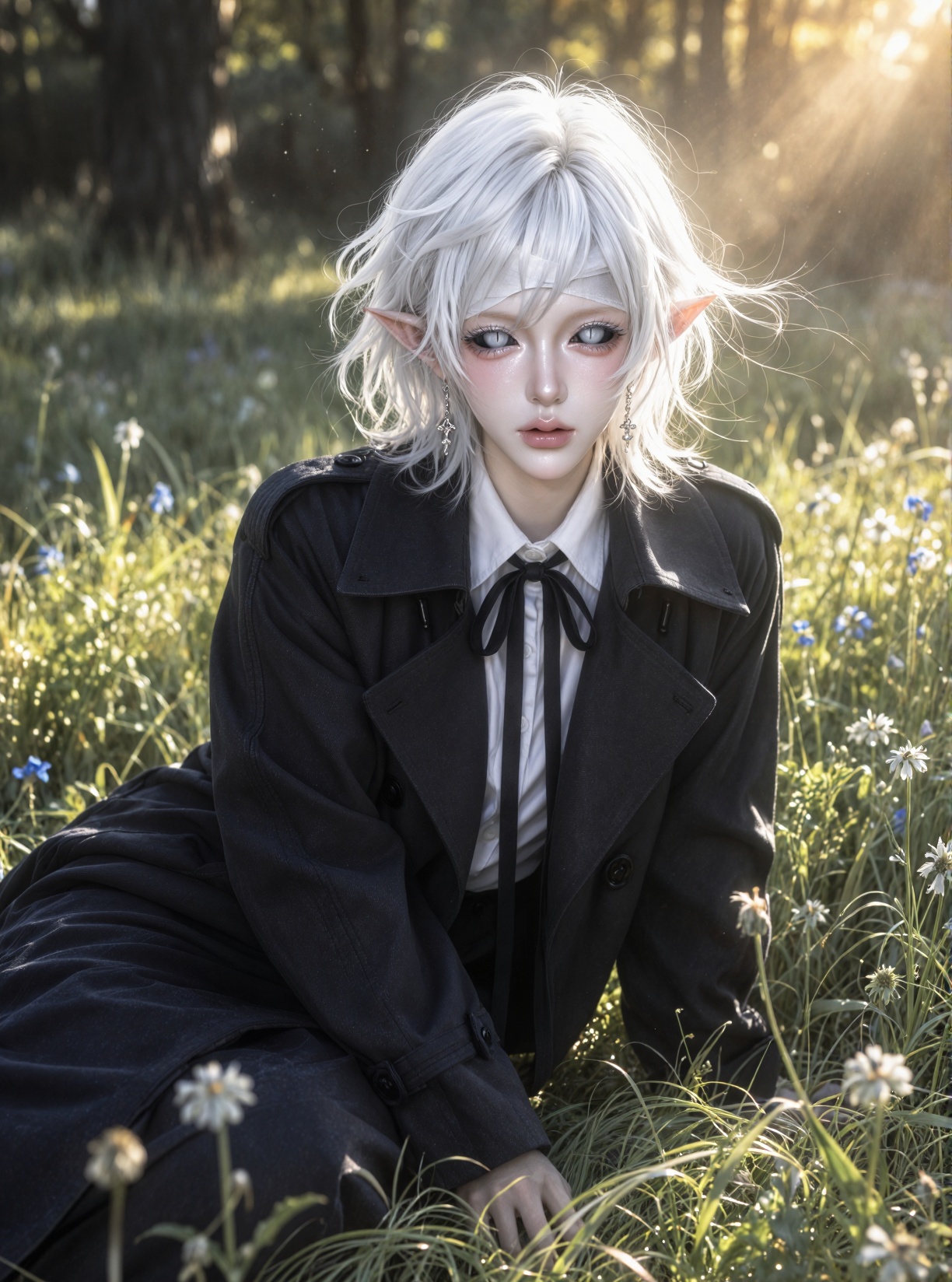 cinematic half-body portrait,  a young elven fantasy character sitting calmly in a sunlit outdoor field surrounded by wild...