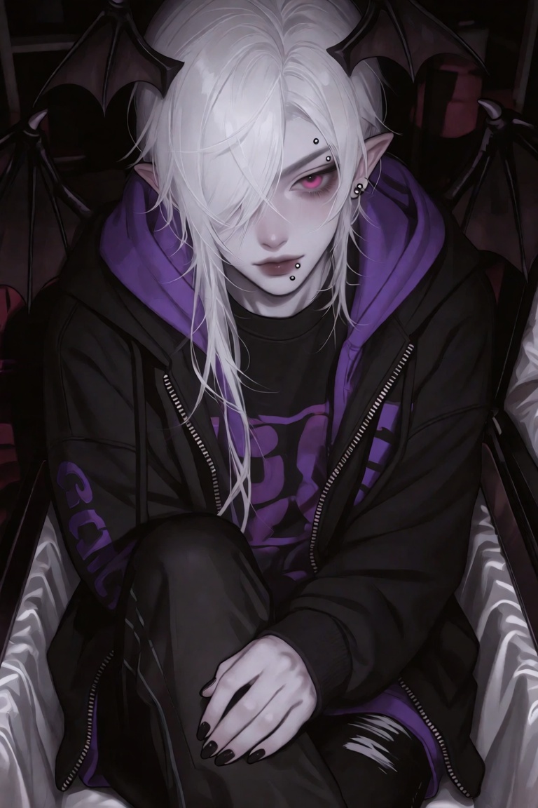 a half-body image of a 1boy with bat wings,  black nails,  ear piercing on Tensor.Art