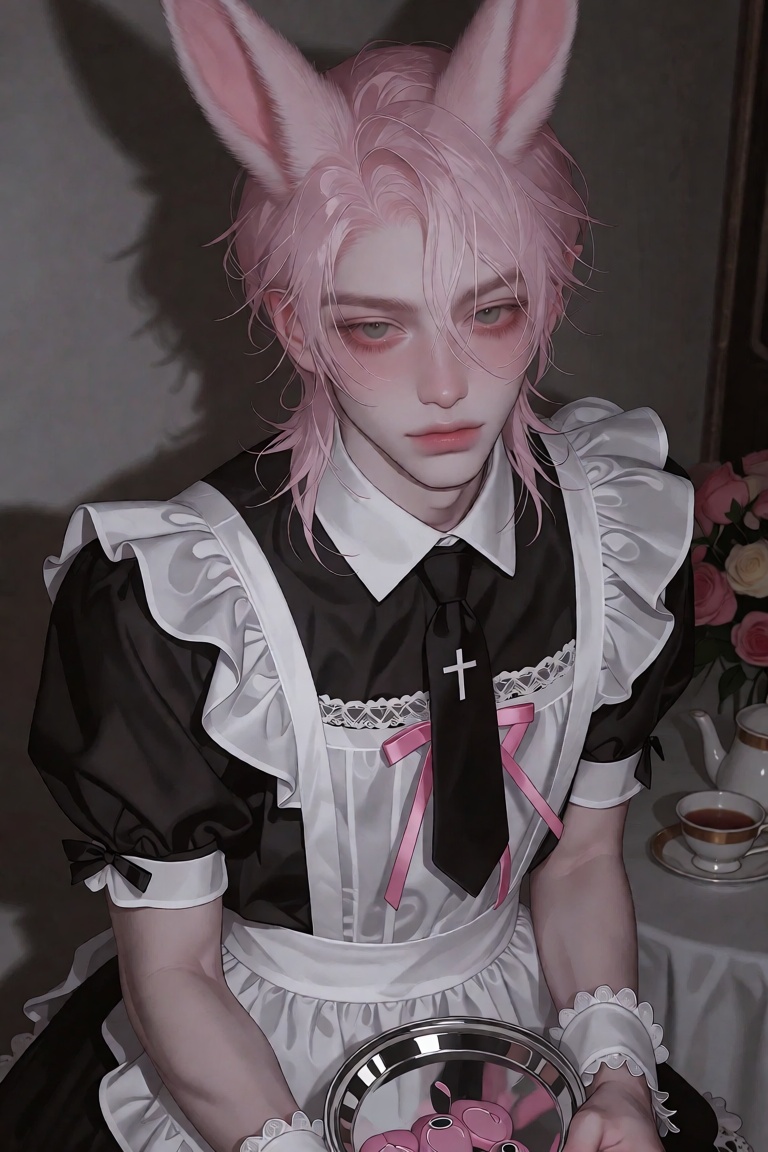 Create a detailed image of a 1boy with animal ears,  pink eyes,  and pink hair on Tensor.Art