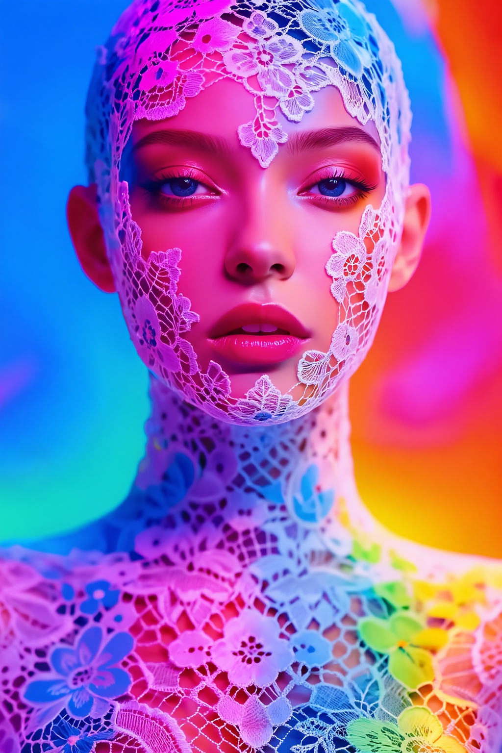 Create an image that captures the essence of Pincho,  featuring a woman adorned with delicate lace patterns against a vibr...