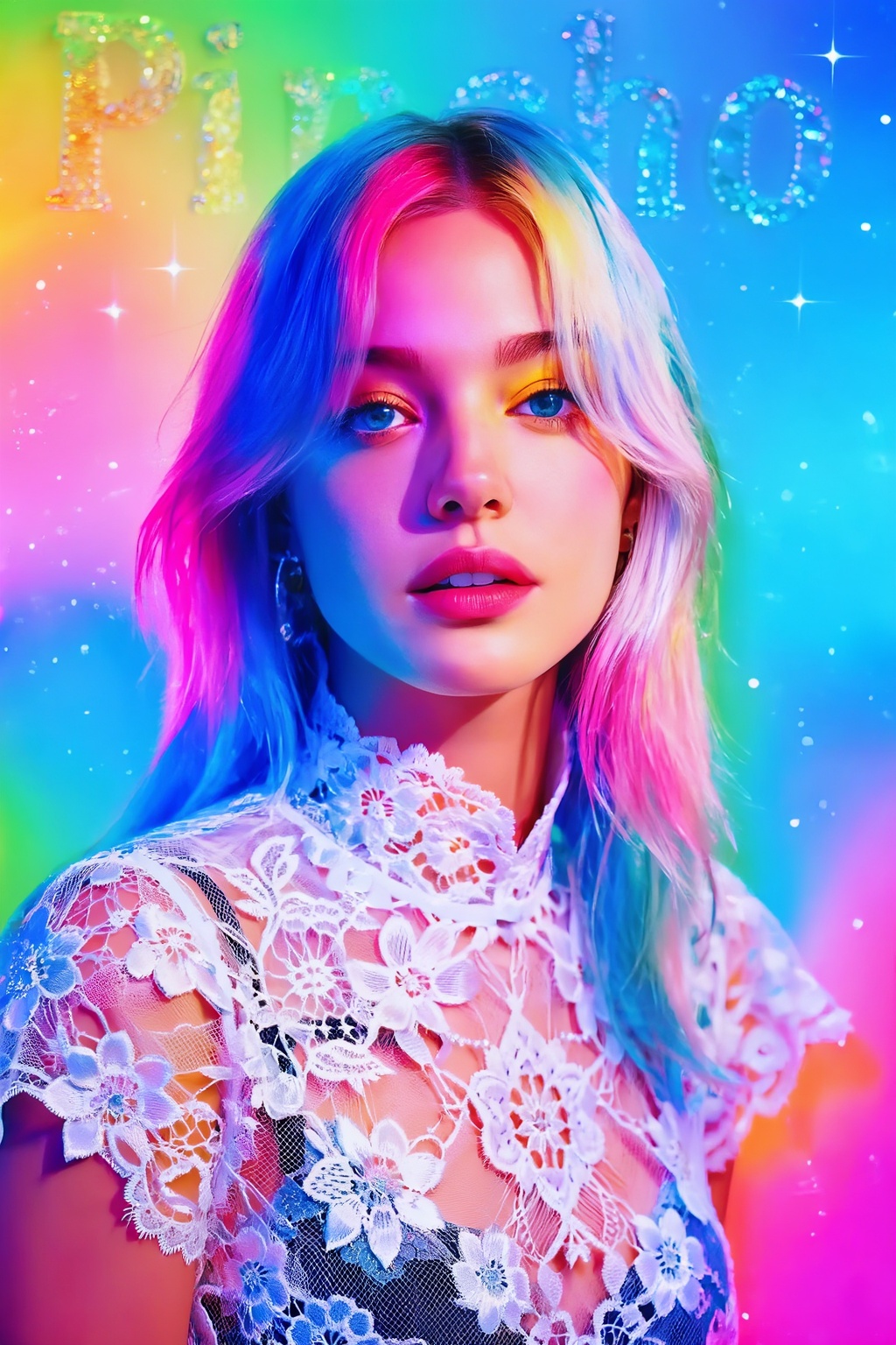 Create an image that captures the essence of Pincho,  featuring a woman adorned with delicate lace patterns against a vibr...
