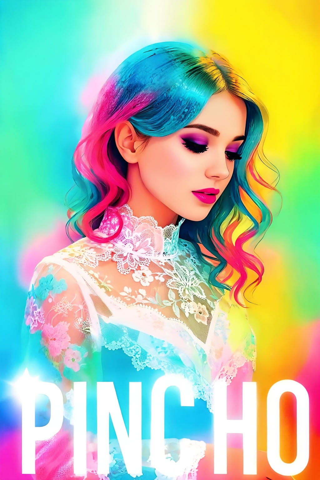 Create an image that captures the essence of Pincho,  featuring a woman adorned with delicate lace patterns against a vibr...