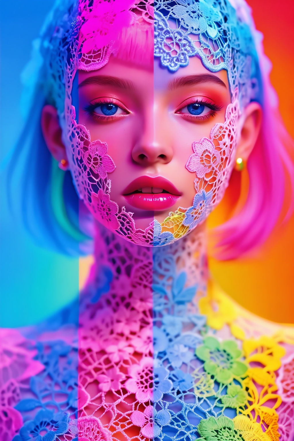 Create an image that captures the essence of Pincho,  featuring a woman adorned with delicate lace patterns against a vibr...