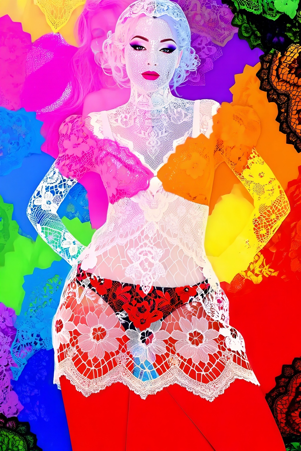 Create an image that captures the essence of Pincho,  featuring a woman with intricate lace patterns superimposed over her...