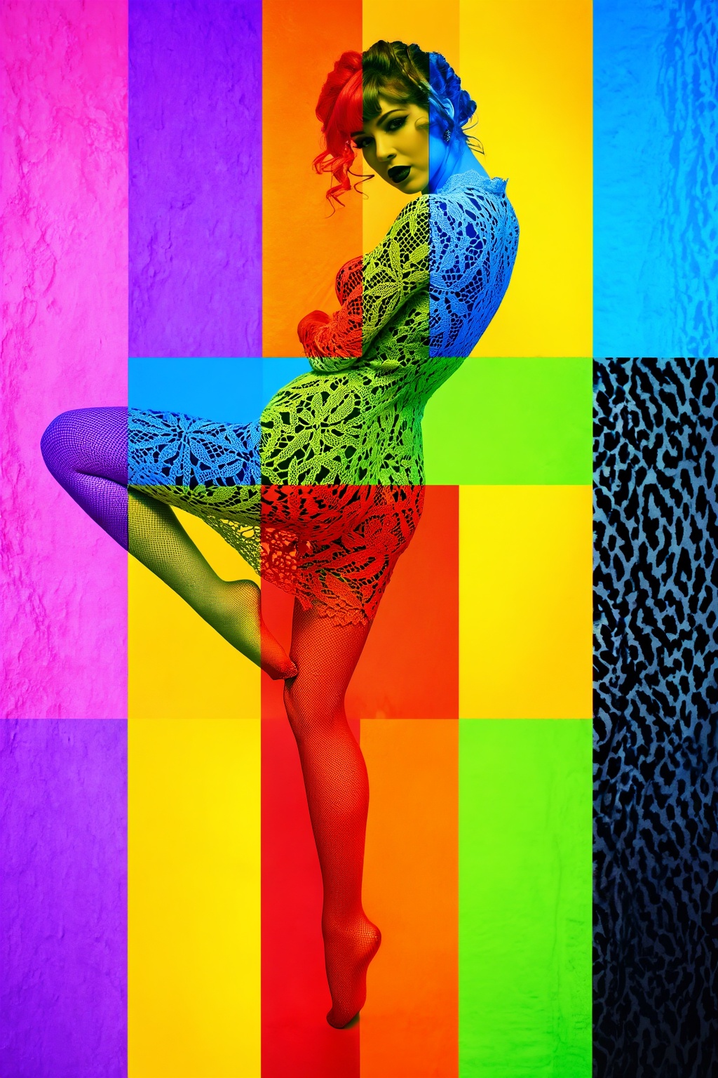 Create an image that captures the essence of Pincho,  featuring a woman with intricate lace patterns superimposed over her...